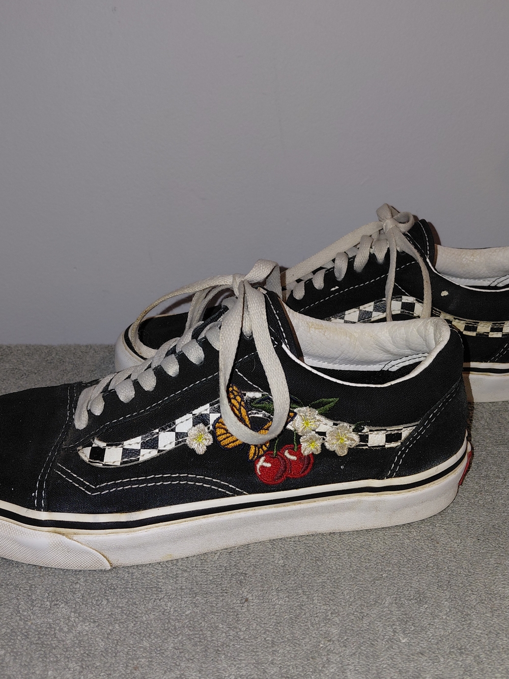 Vans Black Checkerboard Low-Top Sneakers with Embroidered Cherries